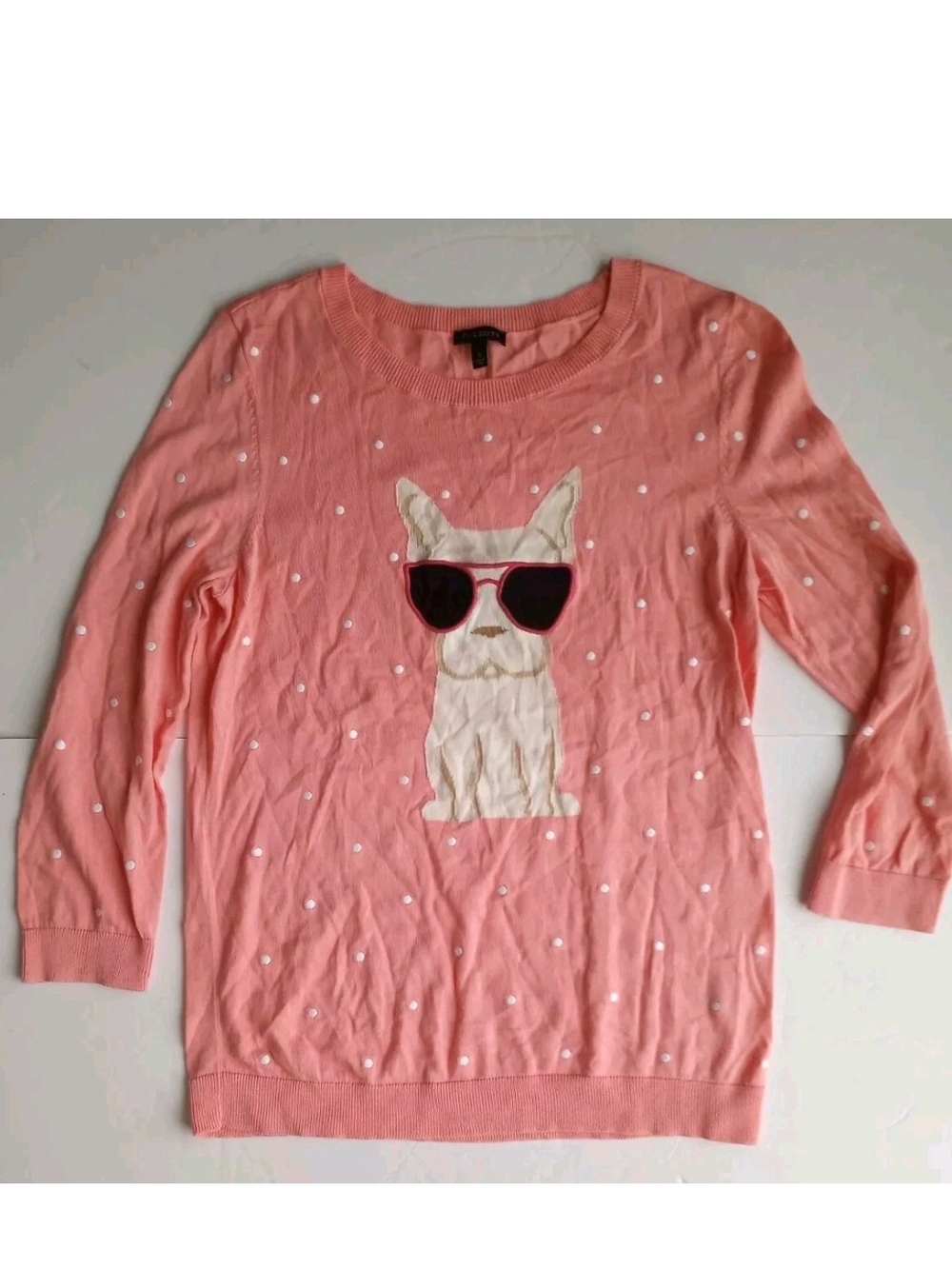Talbots Pink Frenchie Sweater Size Small Polka Dot Pastel Knit French Bulldog
